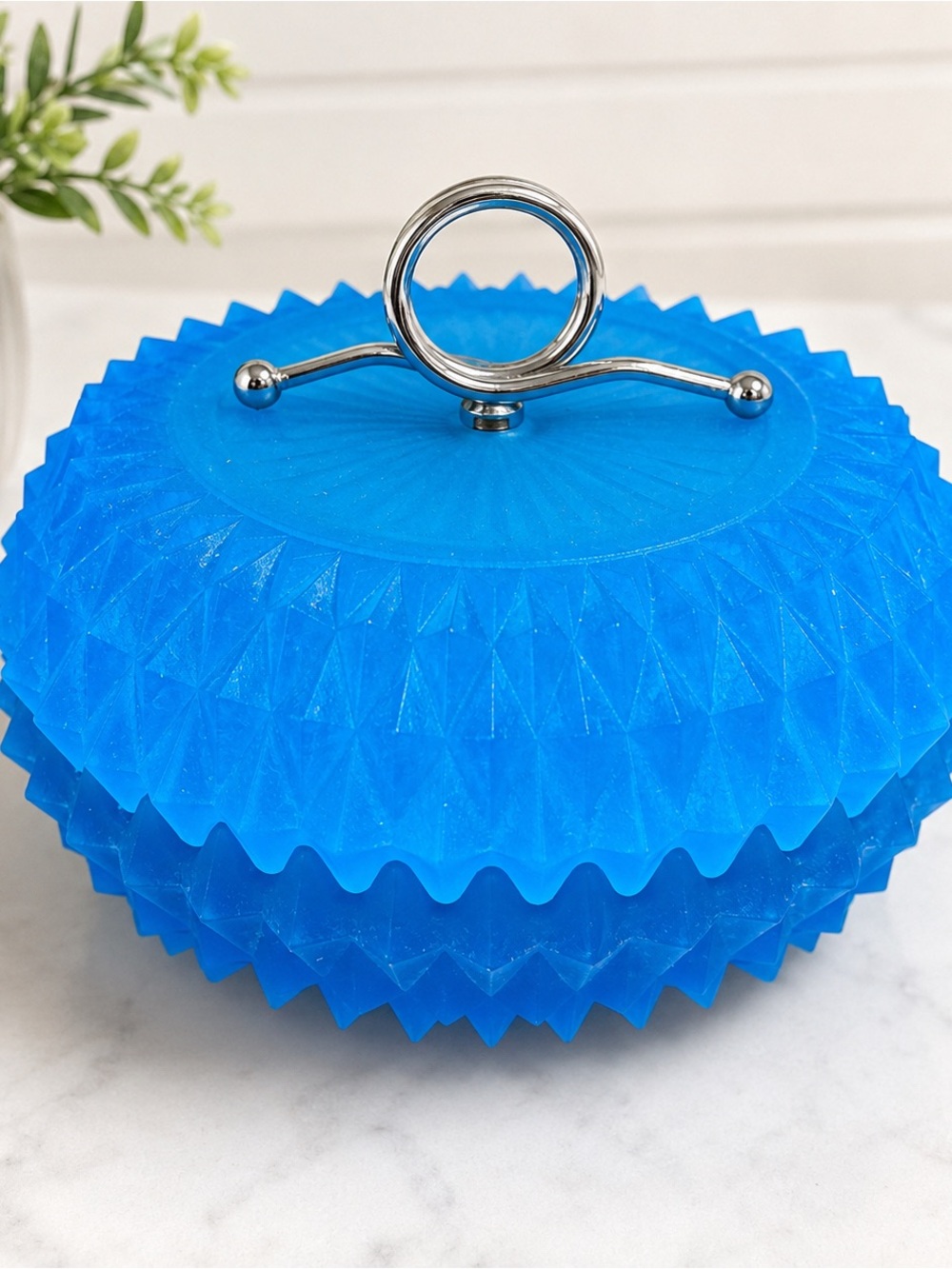 Vintage Bright Blue Pressed Glass Lidded Candy Dish Silver Tone Handle